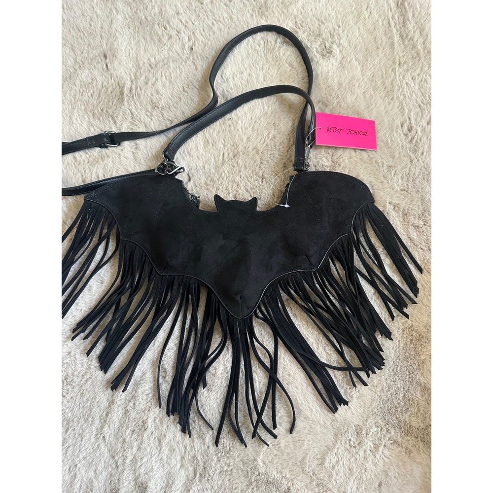 Betsey Johnson Black Bat Fringe Crossbody Bag Faux Suede Gothic Bag